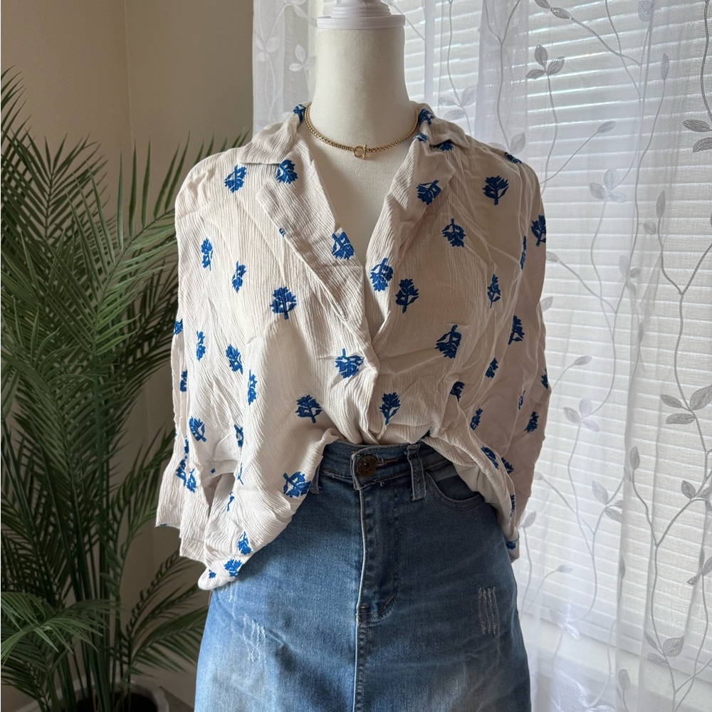 H&M Cream white Blouse with Blue Floral Design